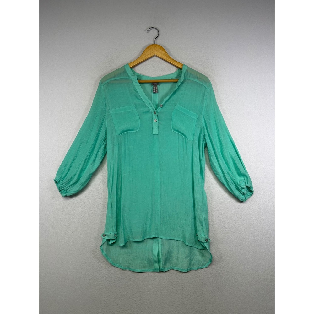 Boho Coastal Vanity‎ Women Medium Seafoam Green High-Low Button Back Tunic Top